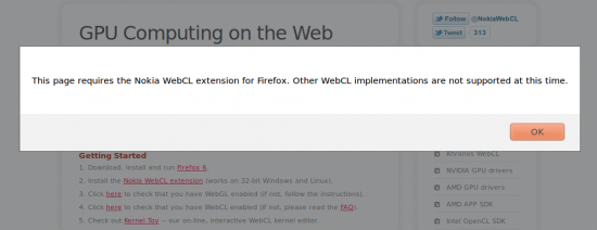 Error box showing a web page requiring the Nokia WebCL extension.